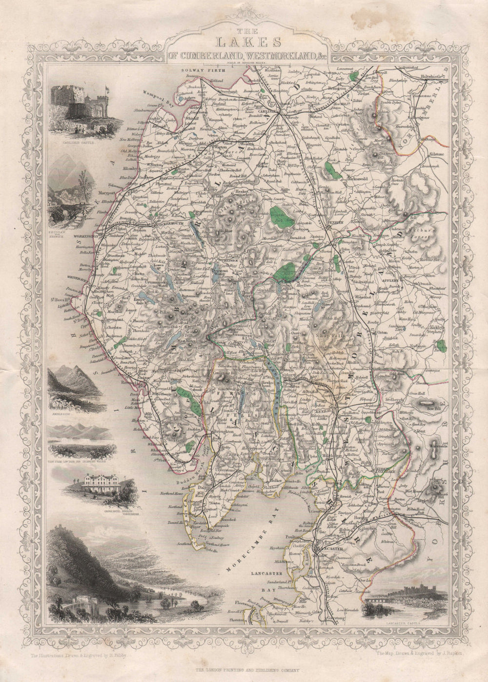 Decorative map of the English Lake District by Tallis & Rapkin. Cumbria c1850