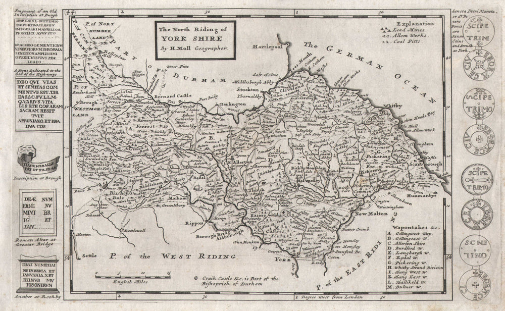 "The North Riding of York Shire", by Hermann Moll. Yorkshire 1724 old map