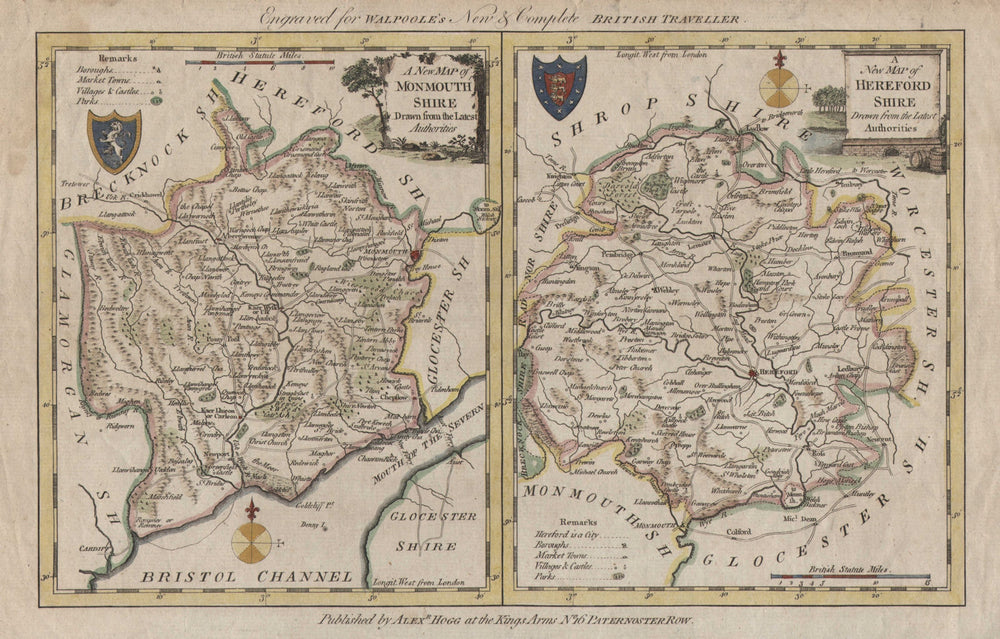 Monmouthshire & Herefordshire. 2 county maps on one sheet. WALPOOLE / HOGG c1784