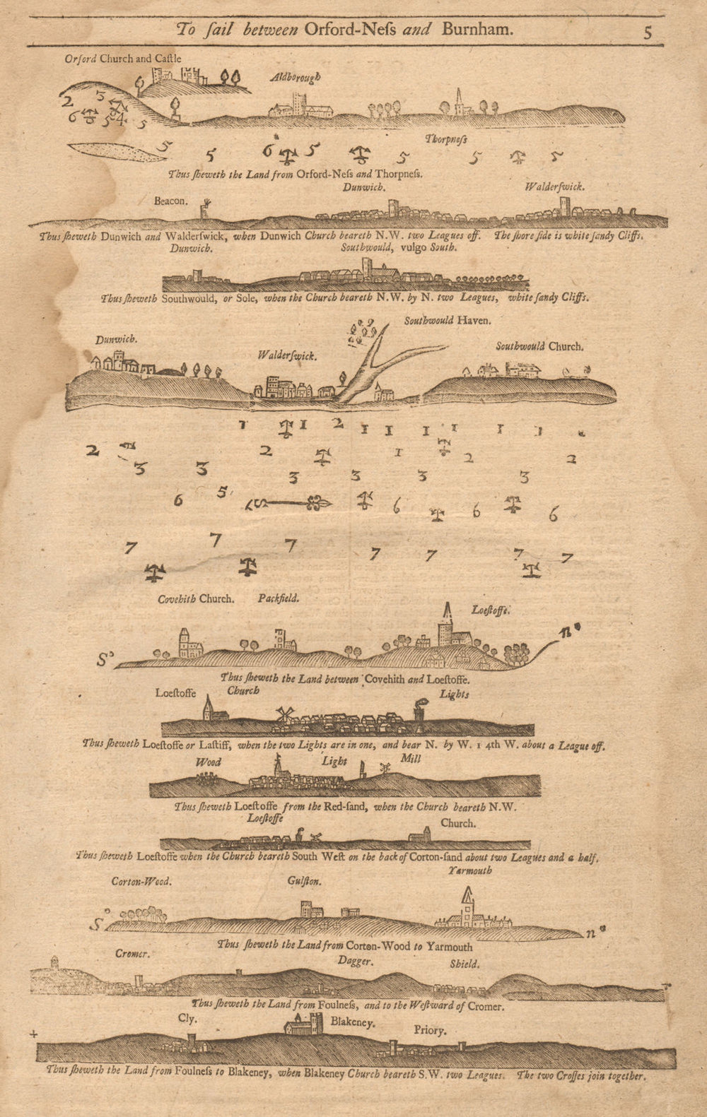 East Anglia coast profile Lowestoft Yarmouth Cromer. MOUNT & PAGE 1749 old map
