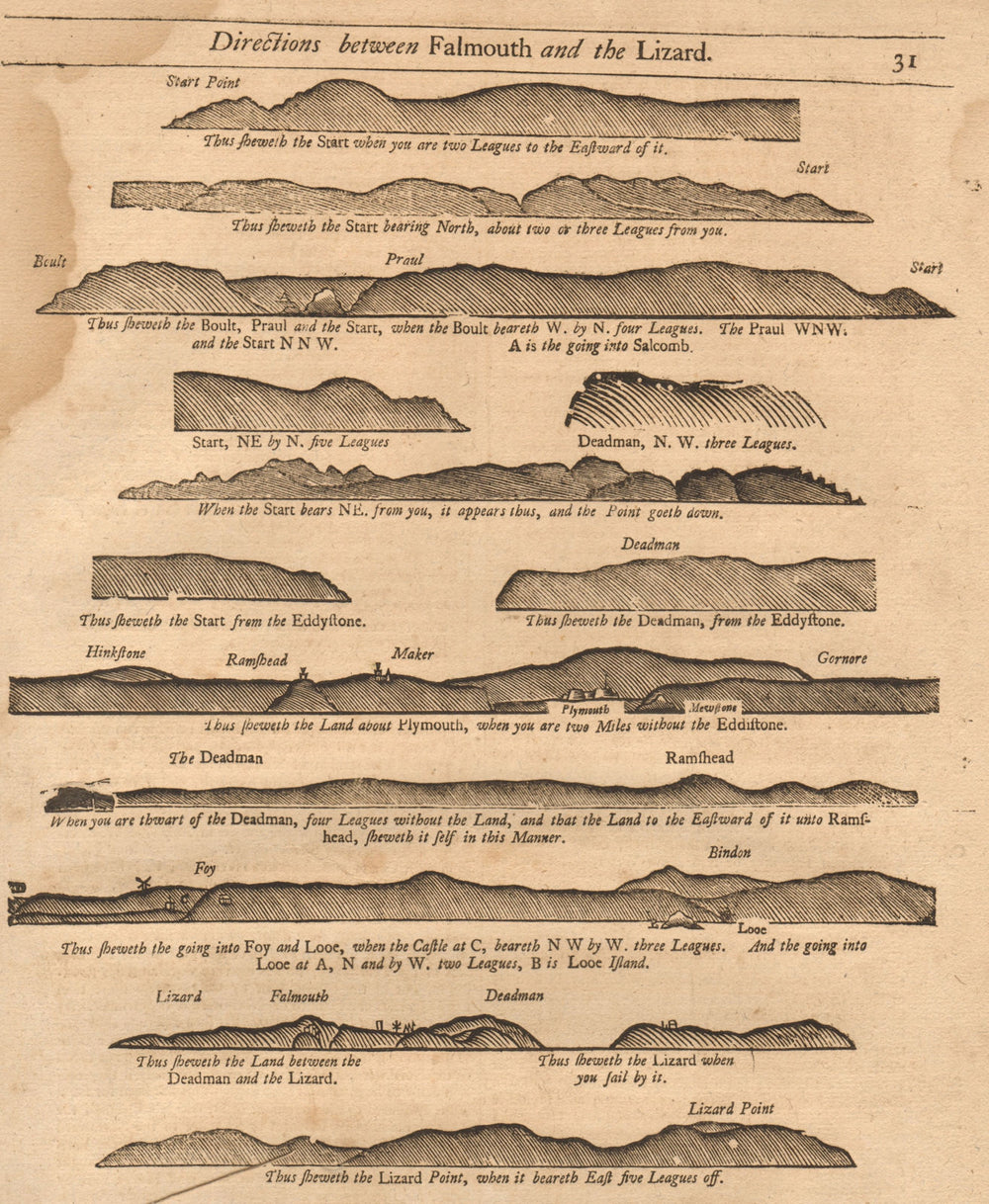 Devon Cornwall coast profile Salcombe Plymouth Fowey Lizard. MOUNT/PAGE 1749 map