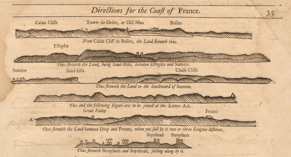 France coast profile Pas-de-Calais Boulogne Etaples Dieppe MOUNT & PAGE 1749 map