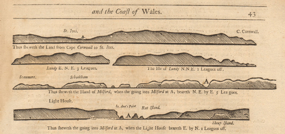 S Wales/Cornwall coast profile St Ives Lundy Milford Haven MOUNT & PAGE 1749 map