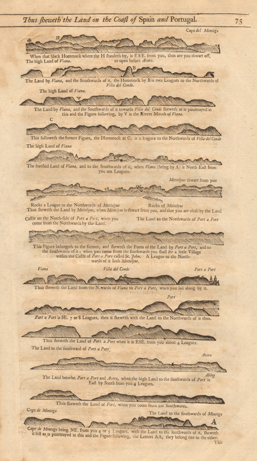 North Portugal coast profile Viana do Castelo Porto Aveiro MOUNT & PAGE 1749 map