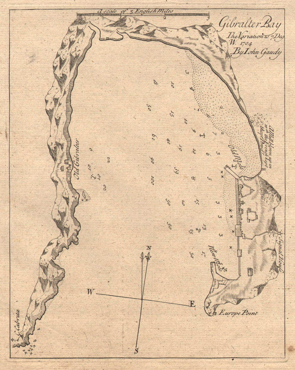 "Gibraltar Bay". Gibraltar & Algeciras, by John GAUDY. Sea chart 1747 old map