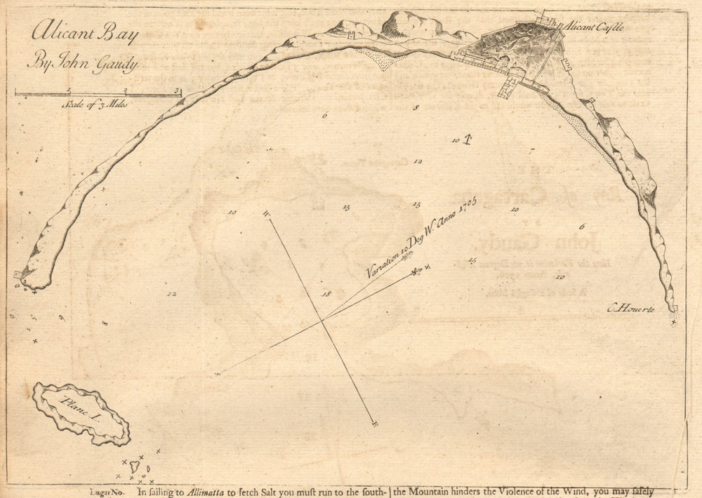 "Alicant bay " Alicante Castle & bay. Cap de l'Horta. GAUDY sea chart 1747 map