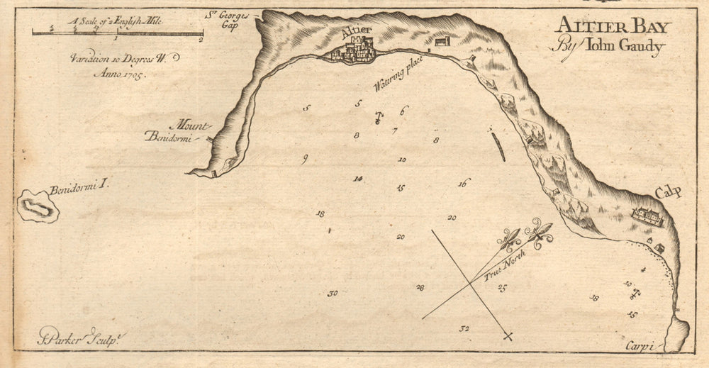 "Altier bay". Altea, Benidorm & Calp. GAUDY coastal & sea chart 1747 old map