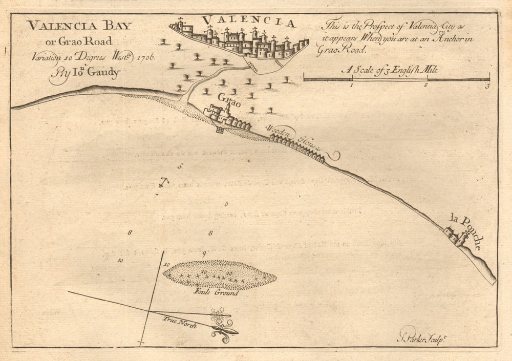 "Valencia bay or Grao road ". Spain. GAUDY coastal & sea chart 1747 old map