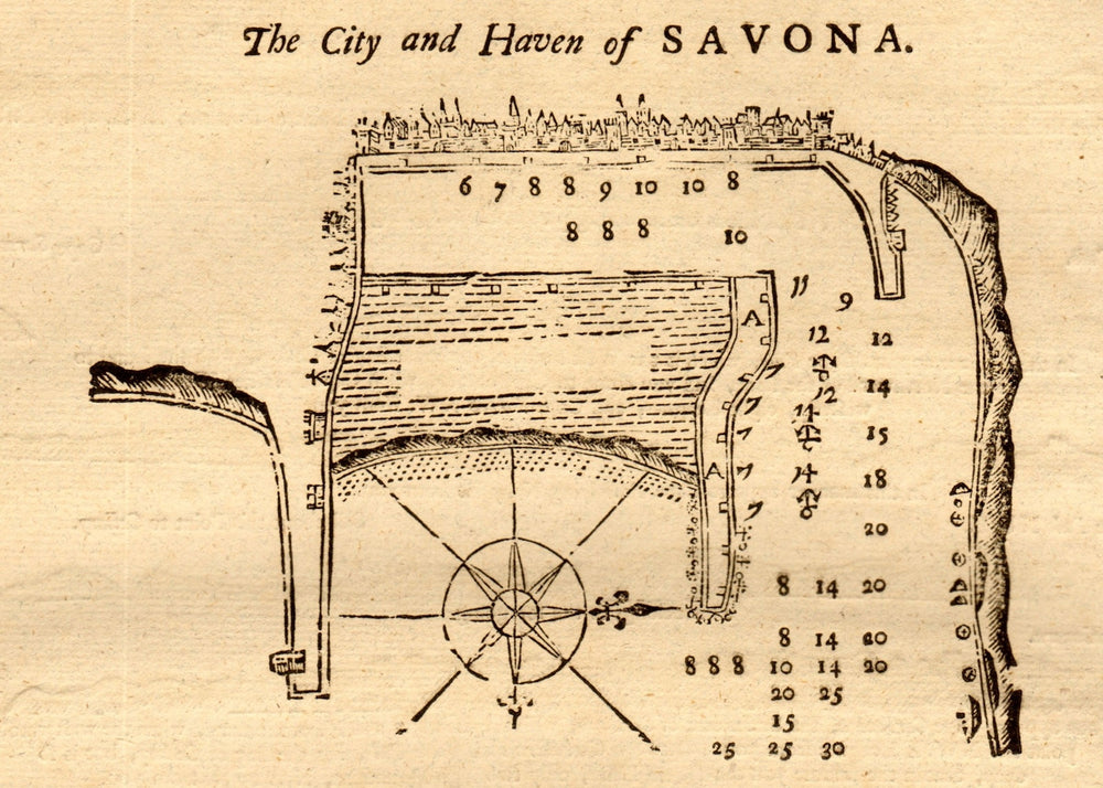 "The city and haven of Savona". Italy. MOUNT & PAGE sea chart 1747 old map
