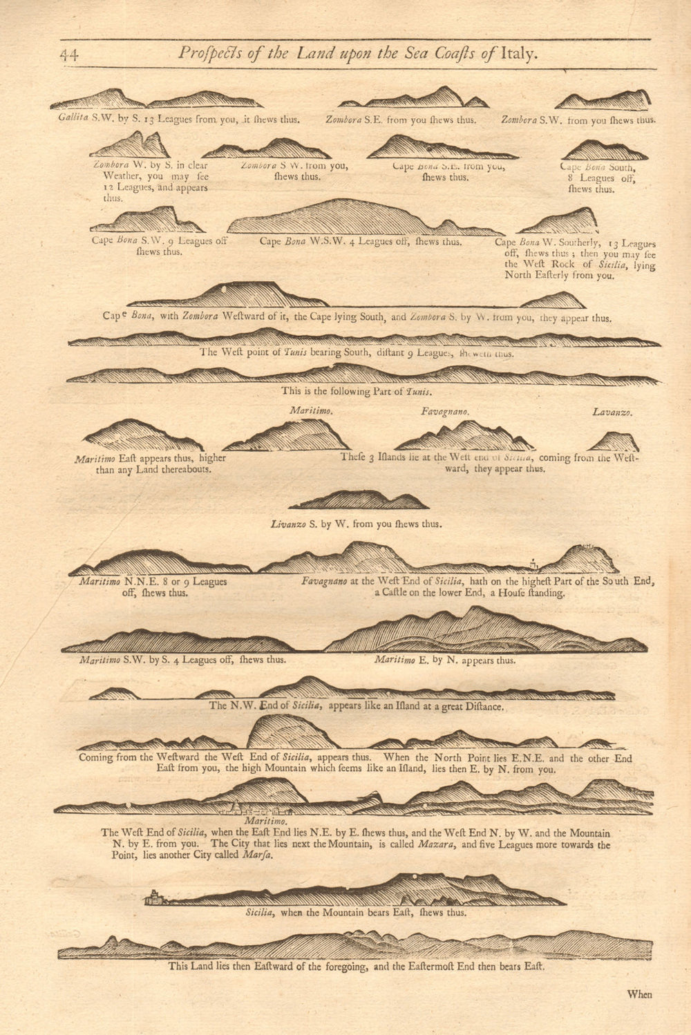 Sicily Tunisia coast profile Zembra Marettimo Mazara. MOUNT & PAGE 1747 map