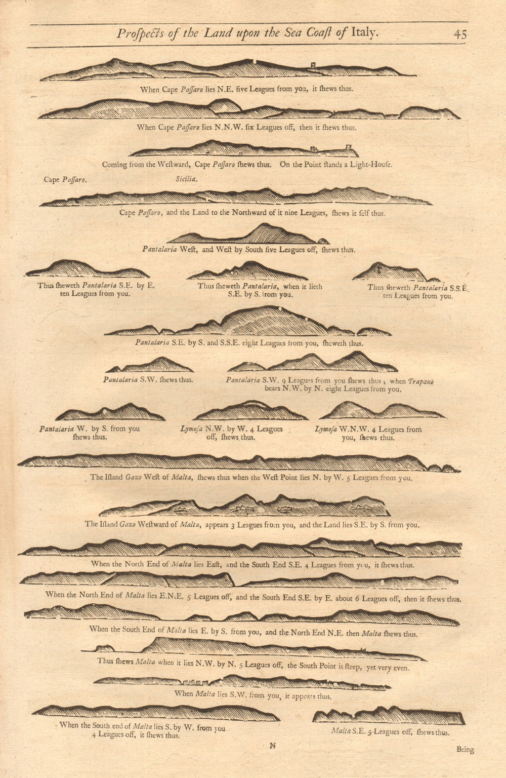 Malta & Sicily coast profile Cape Passaro Pantellaria Gozo MOUNT & PAGE 1747 map