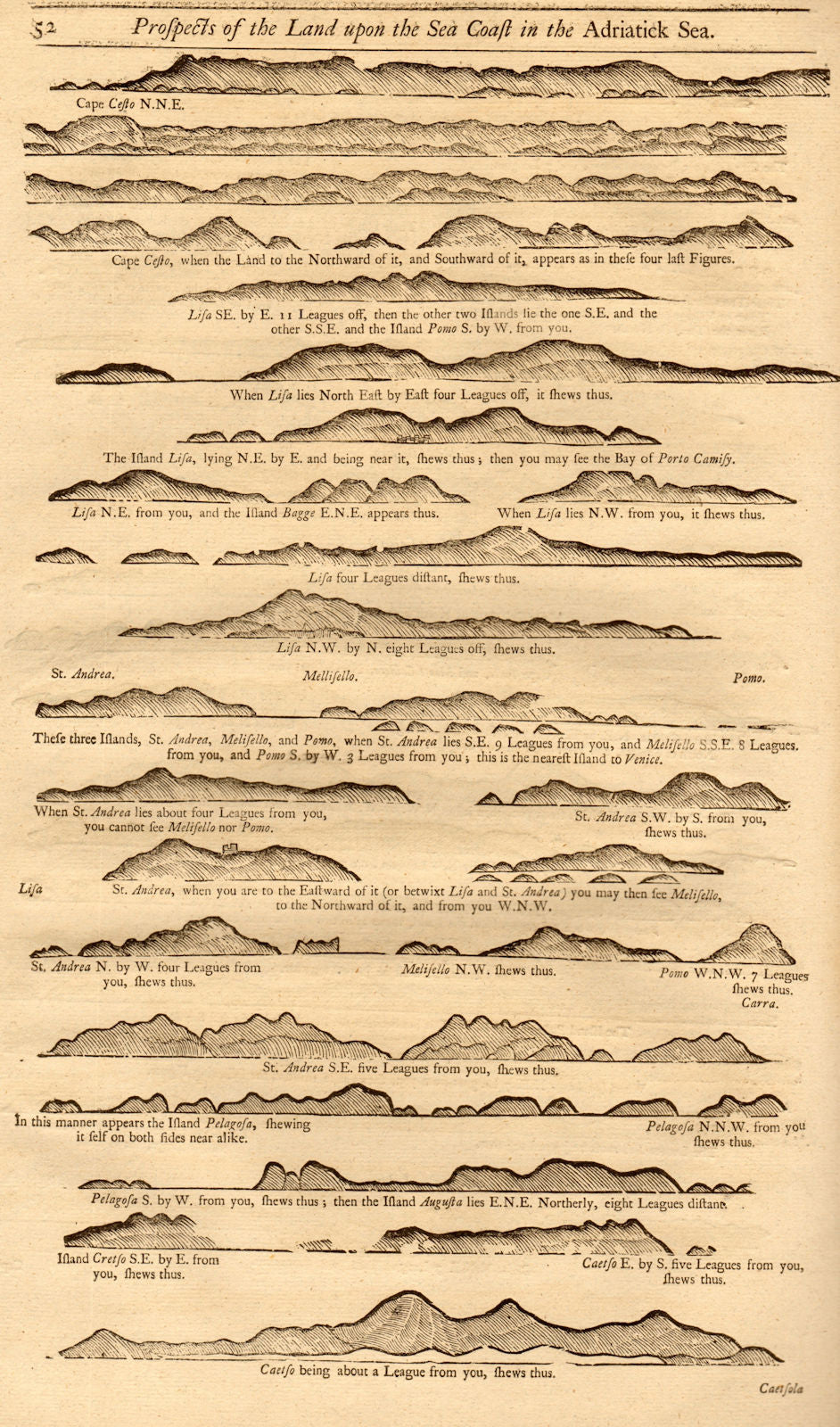 Croatia Dalmatian islands coast profile I. Venetian names. MOUNT & PAGE 1747 map