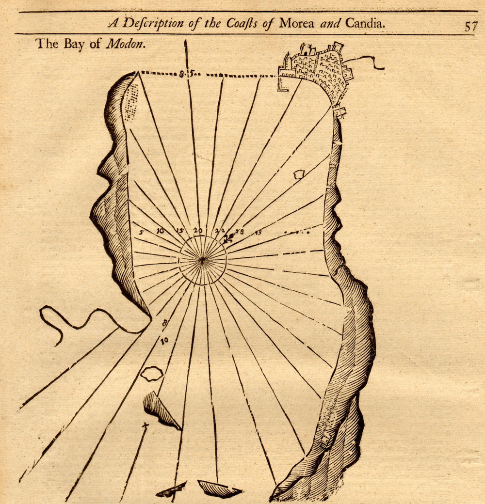 "The bay of Modon". Methoni, Messenia, Greece. MOUNT & PAGE sea chart 1747 map