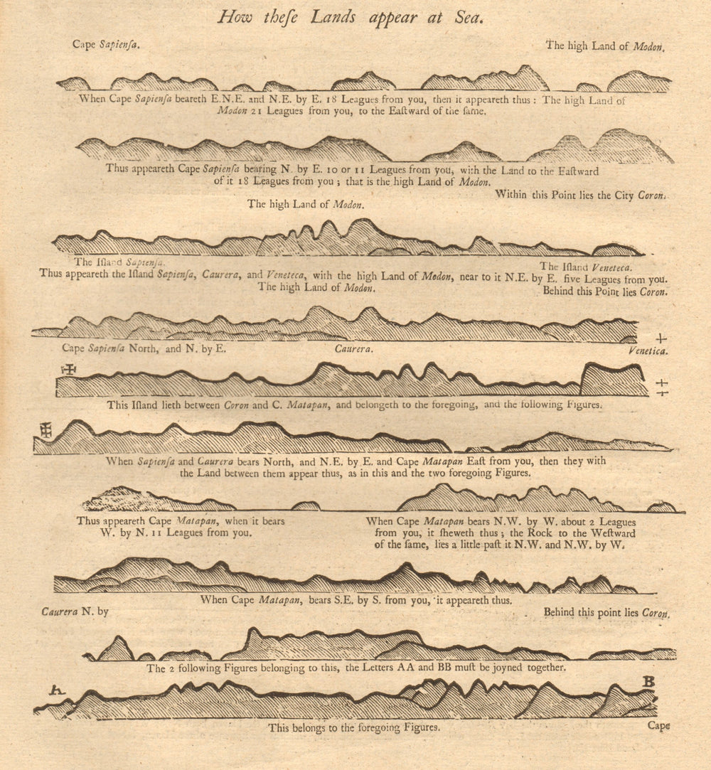 Greece coast profile Cape Sapientza/Matapan Methoni Koroni MOUNT & PAGE 1747 map
