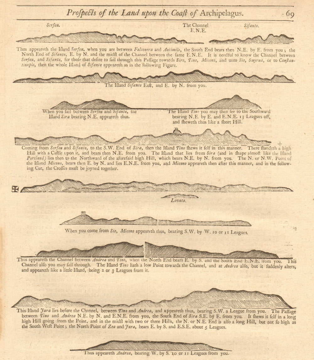 Greek islands coast profiles Syros Tinos Mykonos Andros Kea. MOUNT/PAGE 1747 map