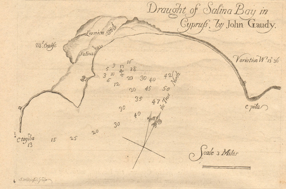 "Draught of Salina bay in Cypruss". Larnaca Bay. John GAUDY sea chart 1747 map
