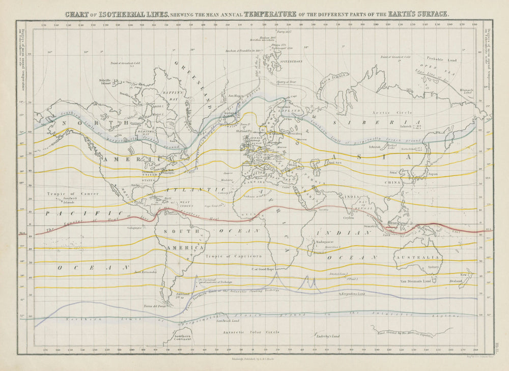 World chart of isothermal lines. Mean annual temperature. GEORGE AIKMAN 1856 map