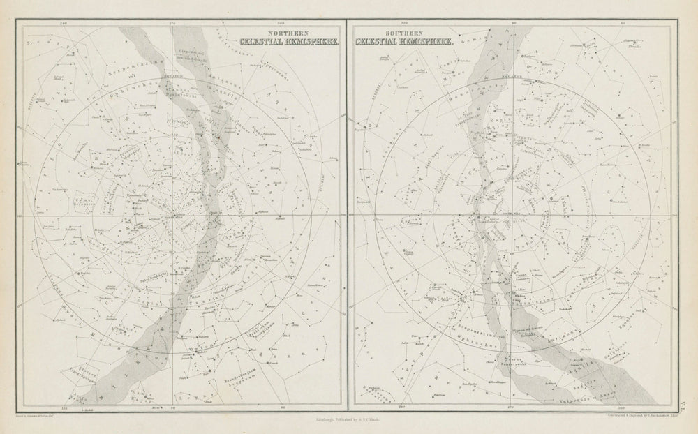 Star maps. Northern & Southern Celestial Hemispheres. JOHN BARTHOLOMEW 1856