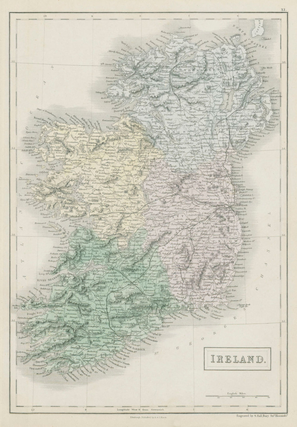 Ireland showing provinces & railways by SIDNEY HALL 1856 old antique map chart
