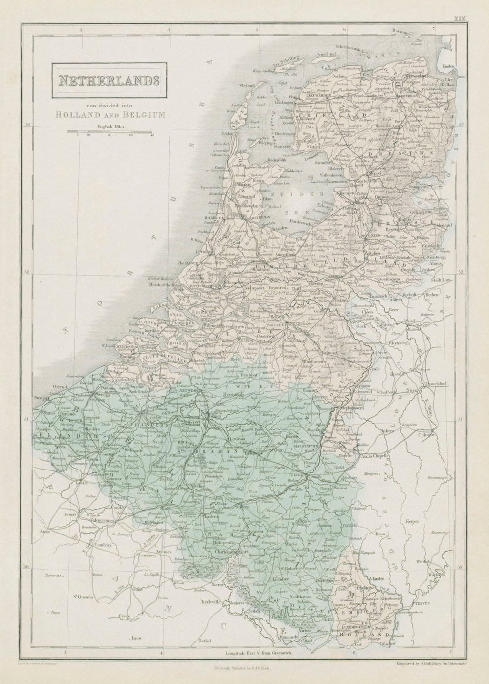 "Netherlands, now divided into Holland & Belgium". Benelux. SIDNEY HALL 1856 map