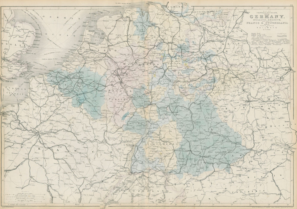Central Europe roads canals railways Germany, Holland & Belgium. HUGHES 1856 map