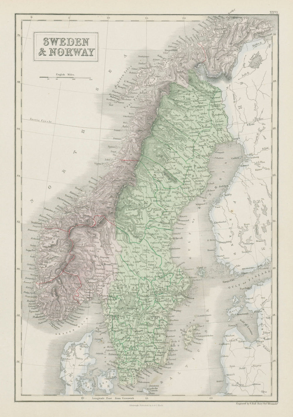 Sweden & Norway. Scandinavia showing provinces. SIDNEY HALL 1856 old map