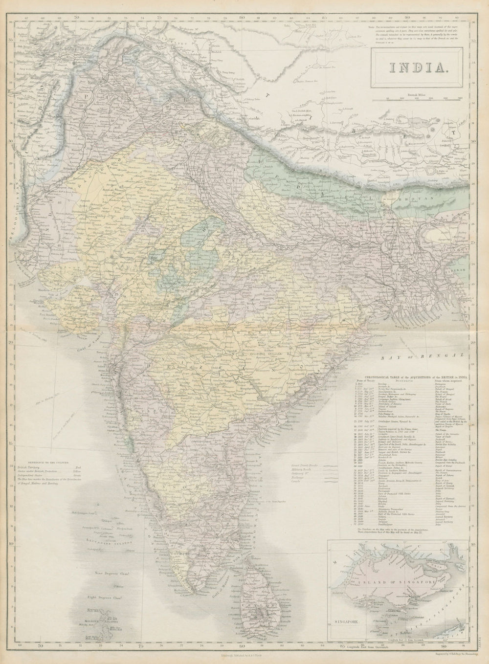 Old Map Inset British India. Inset Singapore plan. SIDNEY HALL 1856 old antique map ...