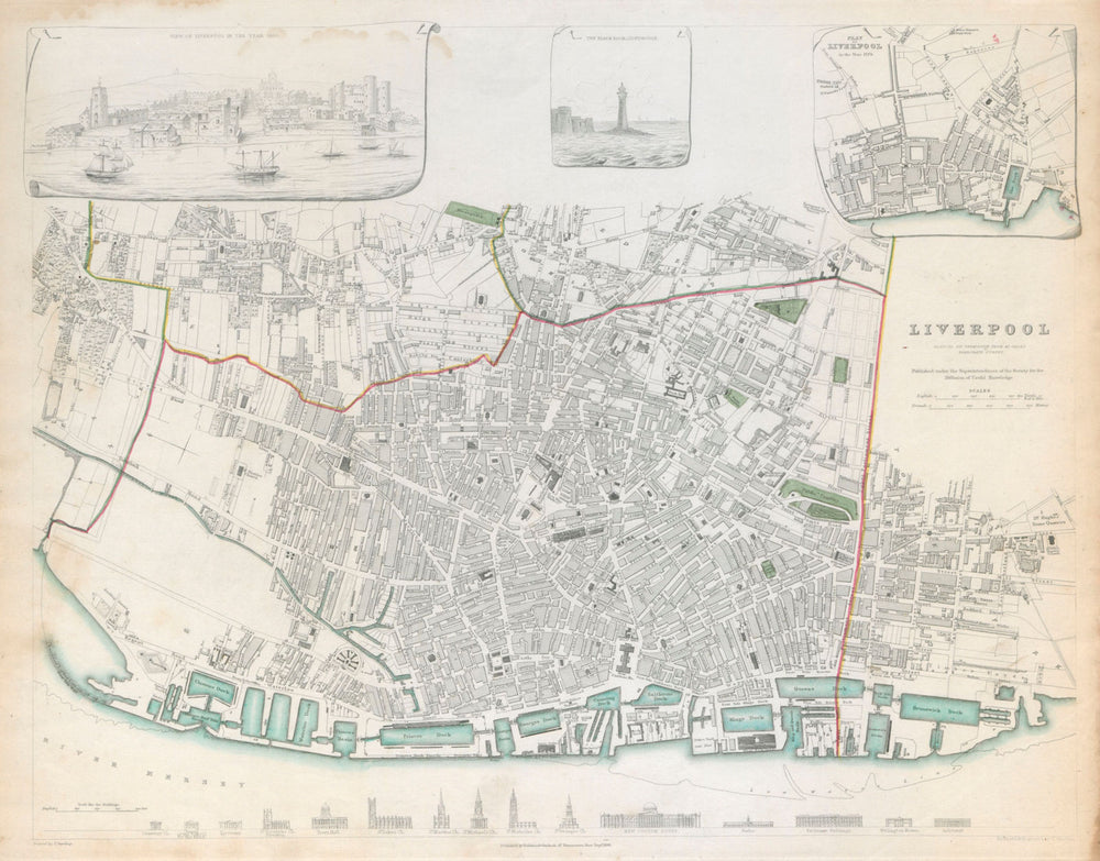 LIVERPOOL. Antique town city map.Inset view & plan in 1729. Buildings.SDUK c1844