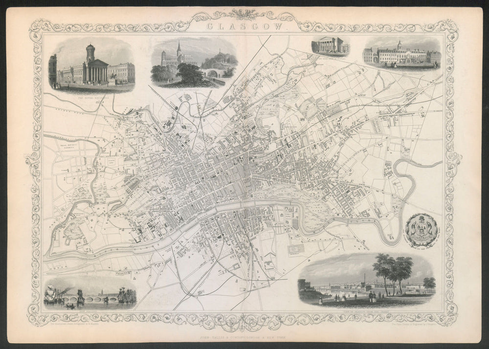 Decorative antique town plan of GLASGOW by Tallis, Rapkin & Winkles 1851 map