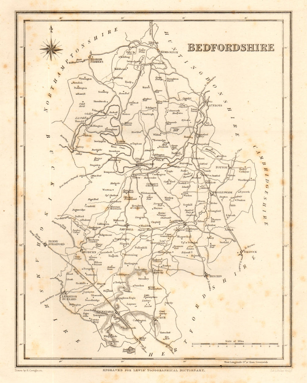 Antique county map of BEDFORDSHIRE by Walker & Creighton for Lewis c1840