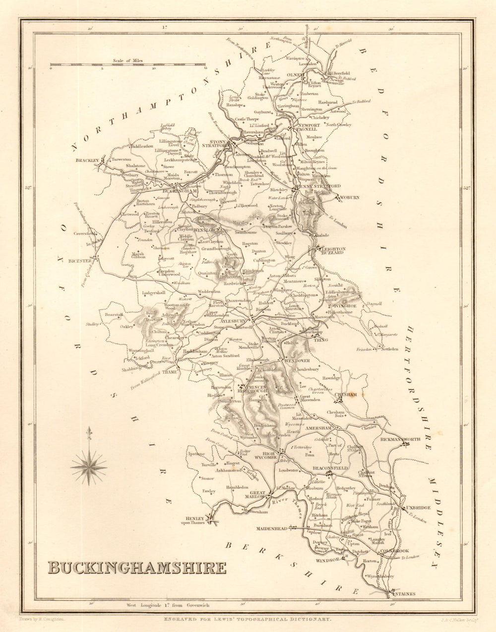 Antique county map of BUCKINGHAMSHIRE by Walker & Creighton for Lewis c1840
