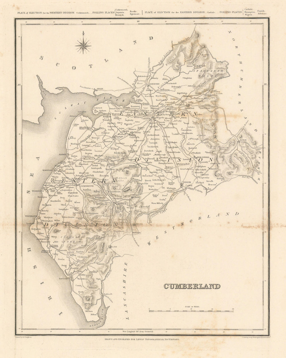 Antique county map of CUMBERLAND / Cumbria by Starling, Creighton & Lewis c1840