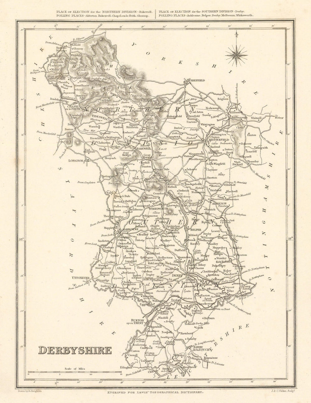 Antique county map of DERBYSHIRE by Walker & Creighton for Lewis c1840 old
