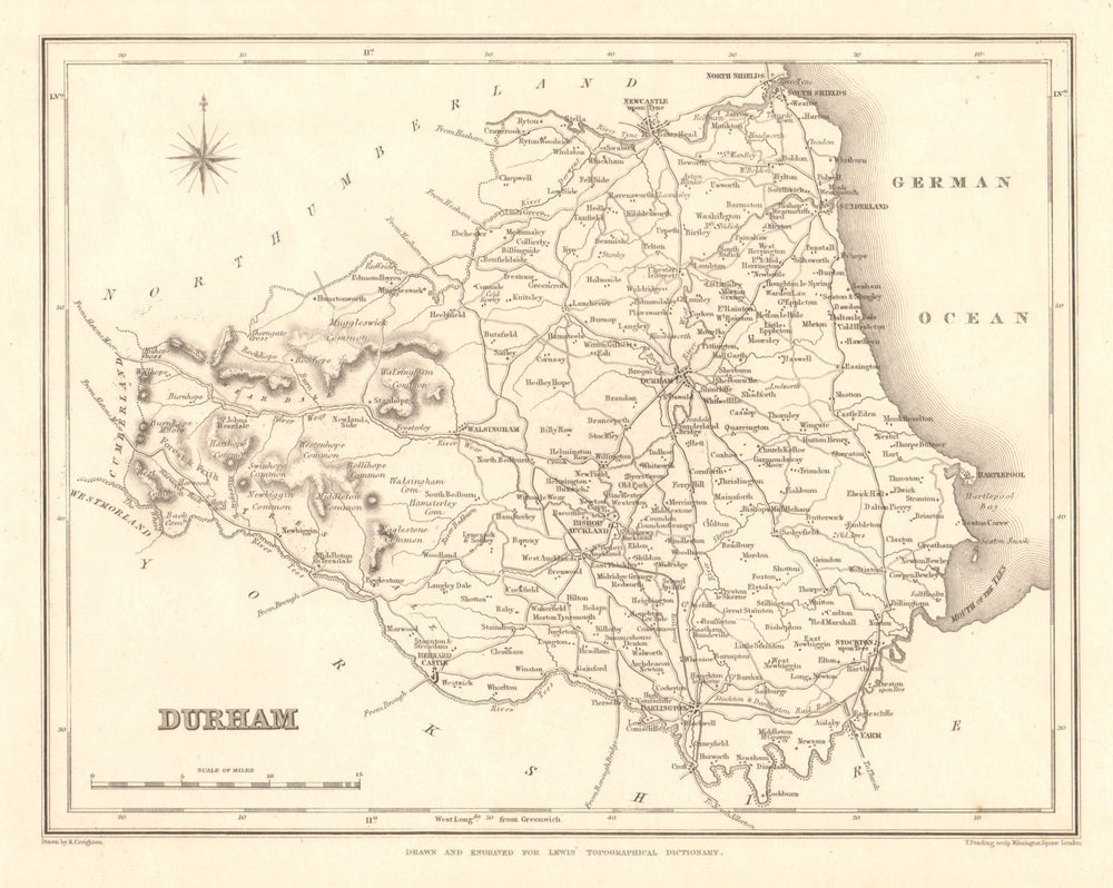 Antique county map of DURHAM by Starling & Creighton for Lewis c1840 old