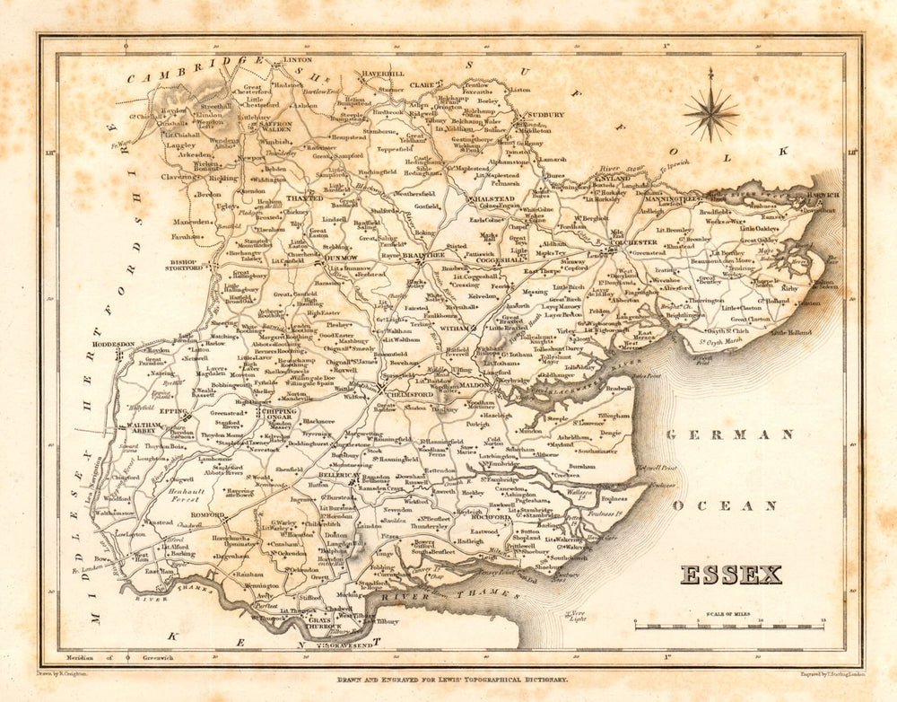 Antique county map of ESSEX by Starling & Creighton for Lewis c1840 old