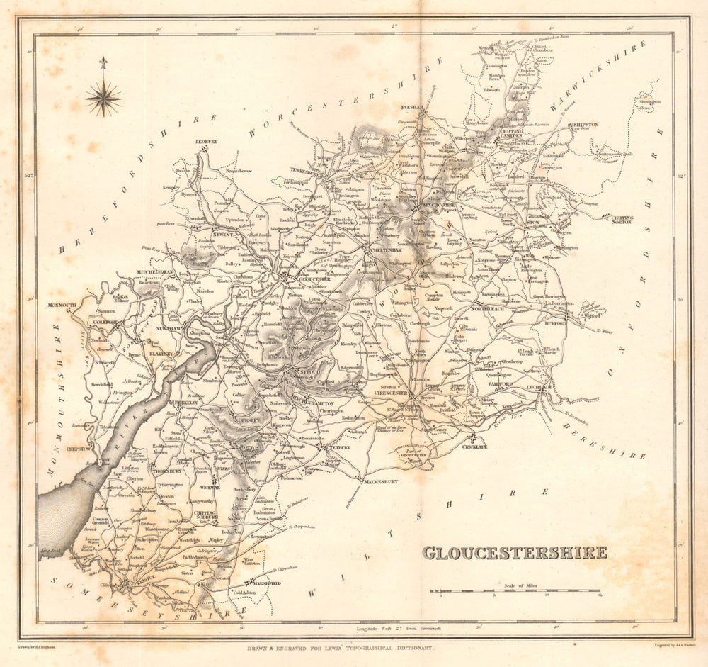 Antique county map of GLOUCESTERSHIRE by Walker & Creighton for Lewis c1840
