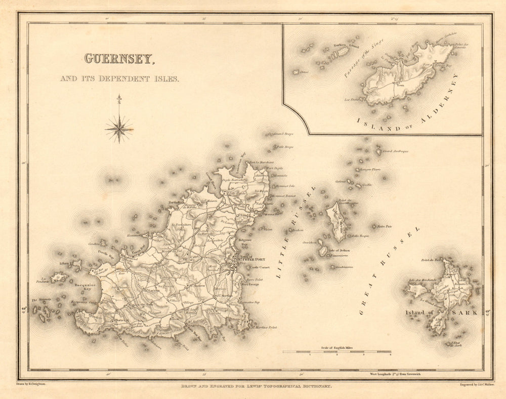 Antique map of GUERNSEY, SARK & ALDERNEY by Walker & Creighton for Lewis c1840