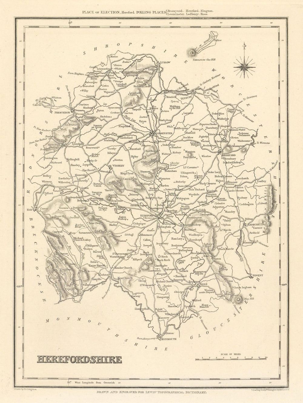 Antique county map of HEREFORDSHIRE by Starling & Creighton for Lewis c1840