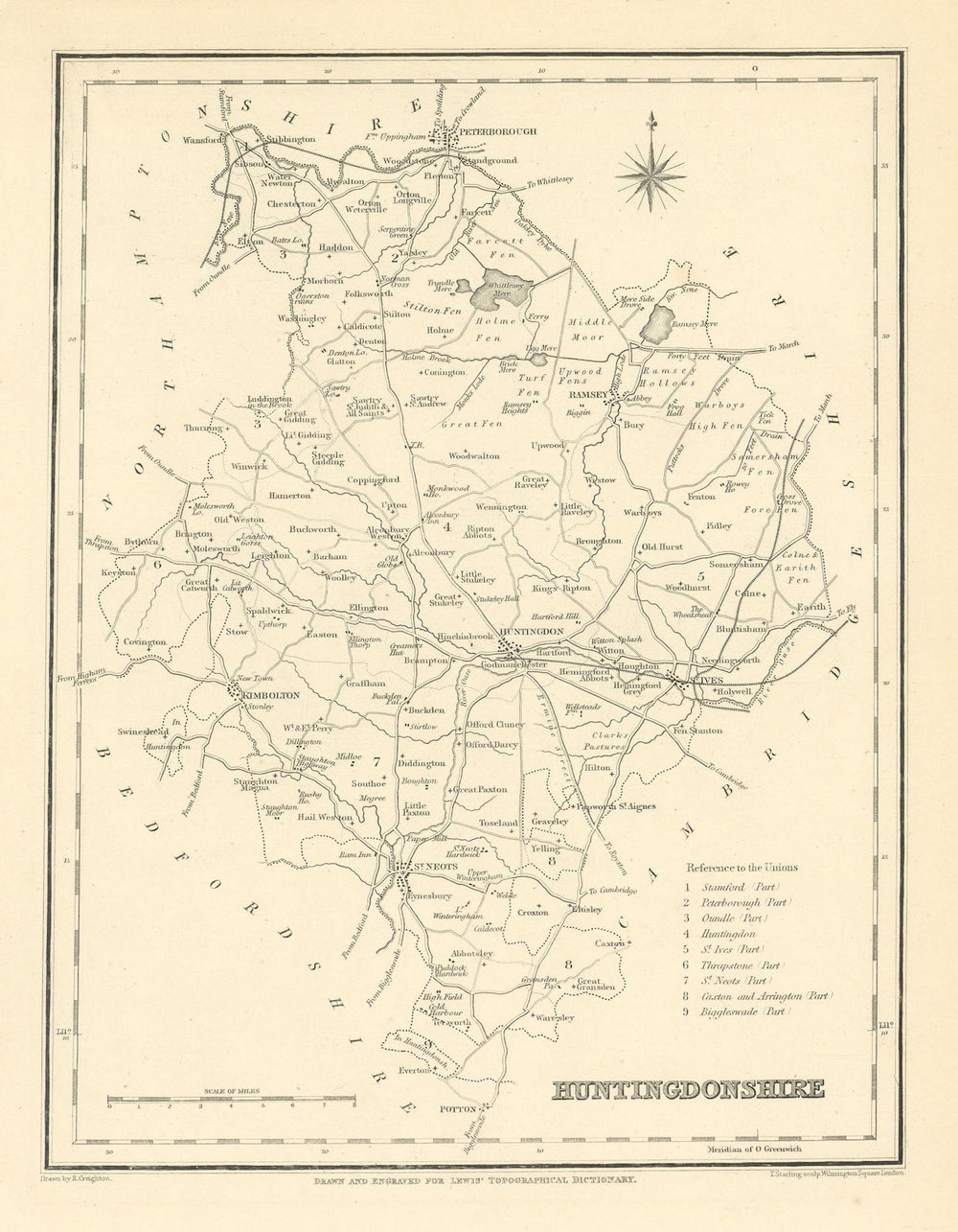 Antique county map of HUNTINGDONSHIRE by Starling & Creighton for Lewis c1840