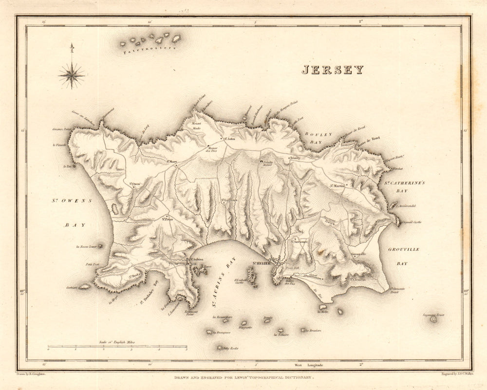 Antique map of the island of JERSEY by Walker & Creighton for Lewis c1840