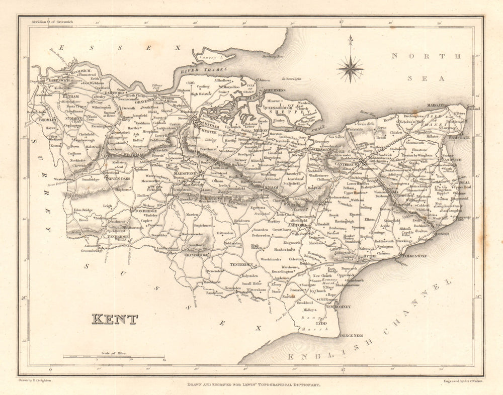 Antique county map of KENT by Walker & Creighton for Lewis c1840 old