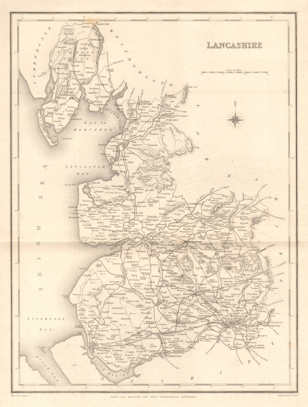 Antique county map of LANCASHIRE by Walker & Creighton for Lewis c1840 old