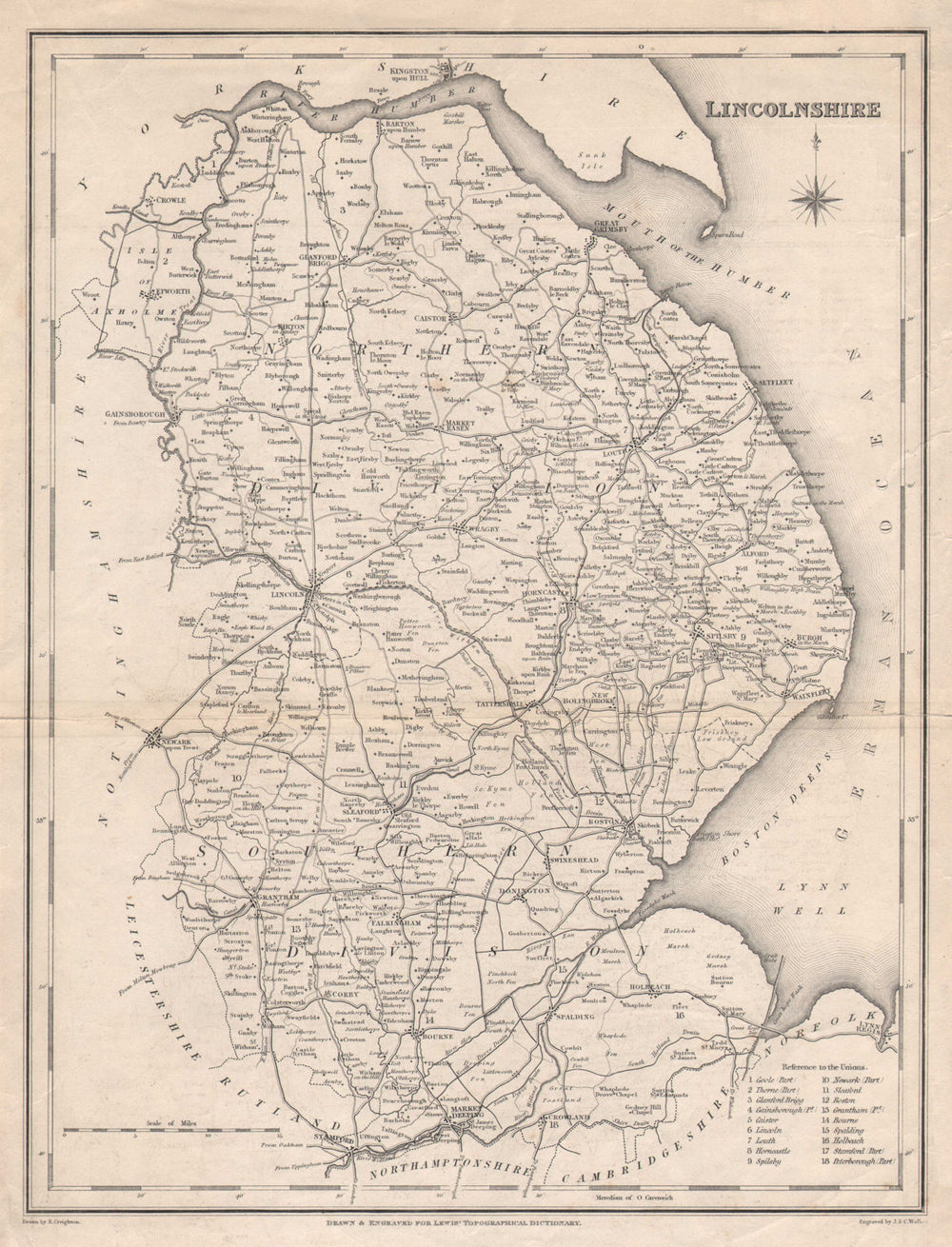 Antique county map of LINCOLNSHIRE by Walker & Creighton for Lewis c1840