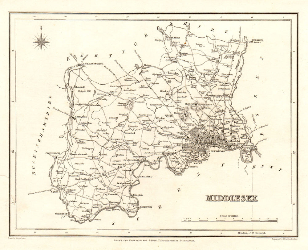 Antique county map of MIDDLESEX by Starling & Creighton for Lewis c1840
