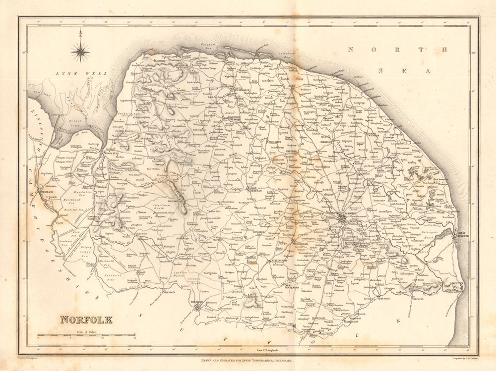 Antique county map of NORFOLK by Walker & Creighton for Lewis c1840 old