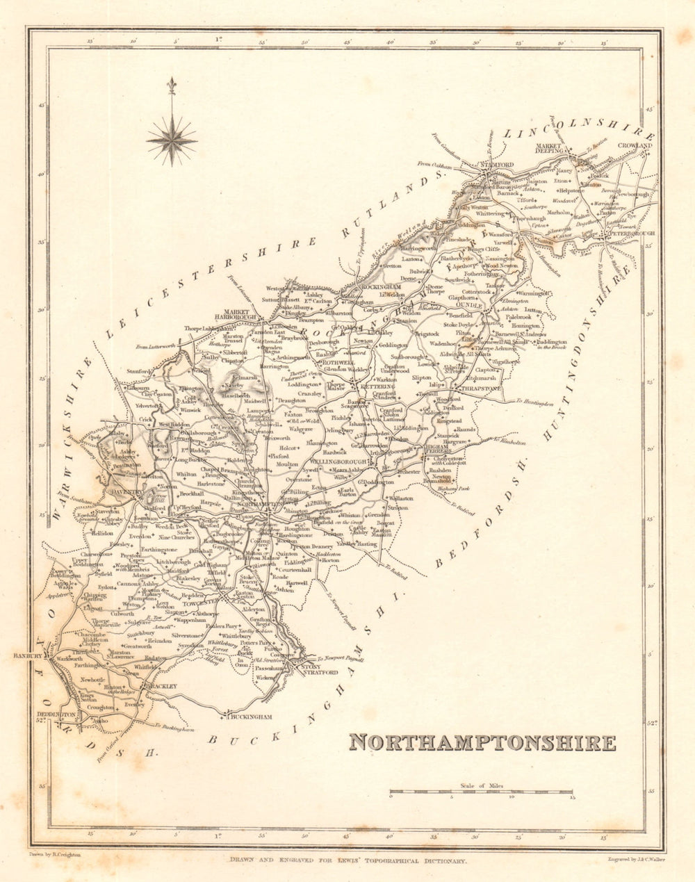 Antique county map of NORTHAMPTONSHIRE by Walker & Creighton for Lewis c1840