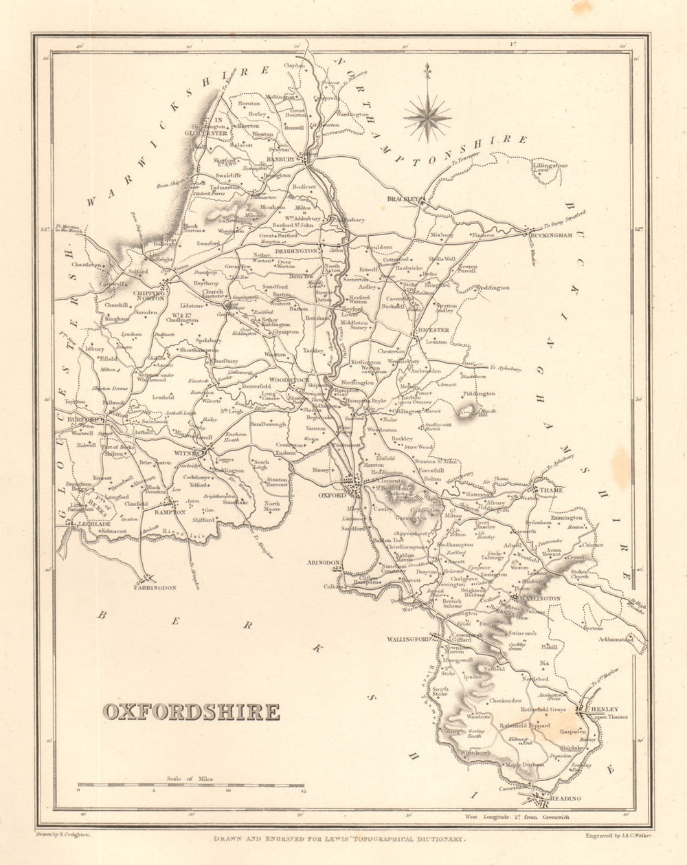 Antique county map of OXFORDSHIRE by Walker & Creighton for Lewis c1840