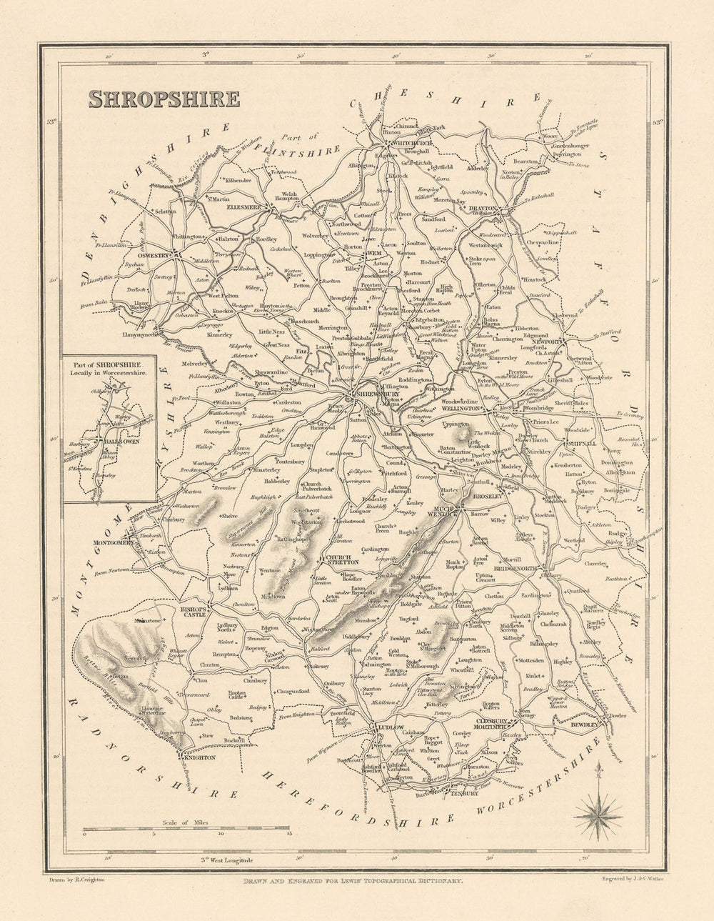 Antique county map of SHROPSHIRE by Walker & Creighton for Lewis c1840 old