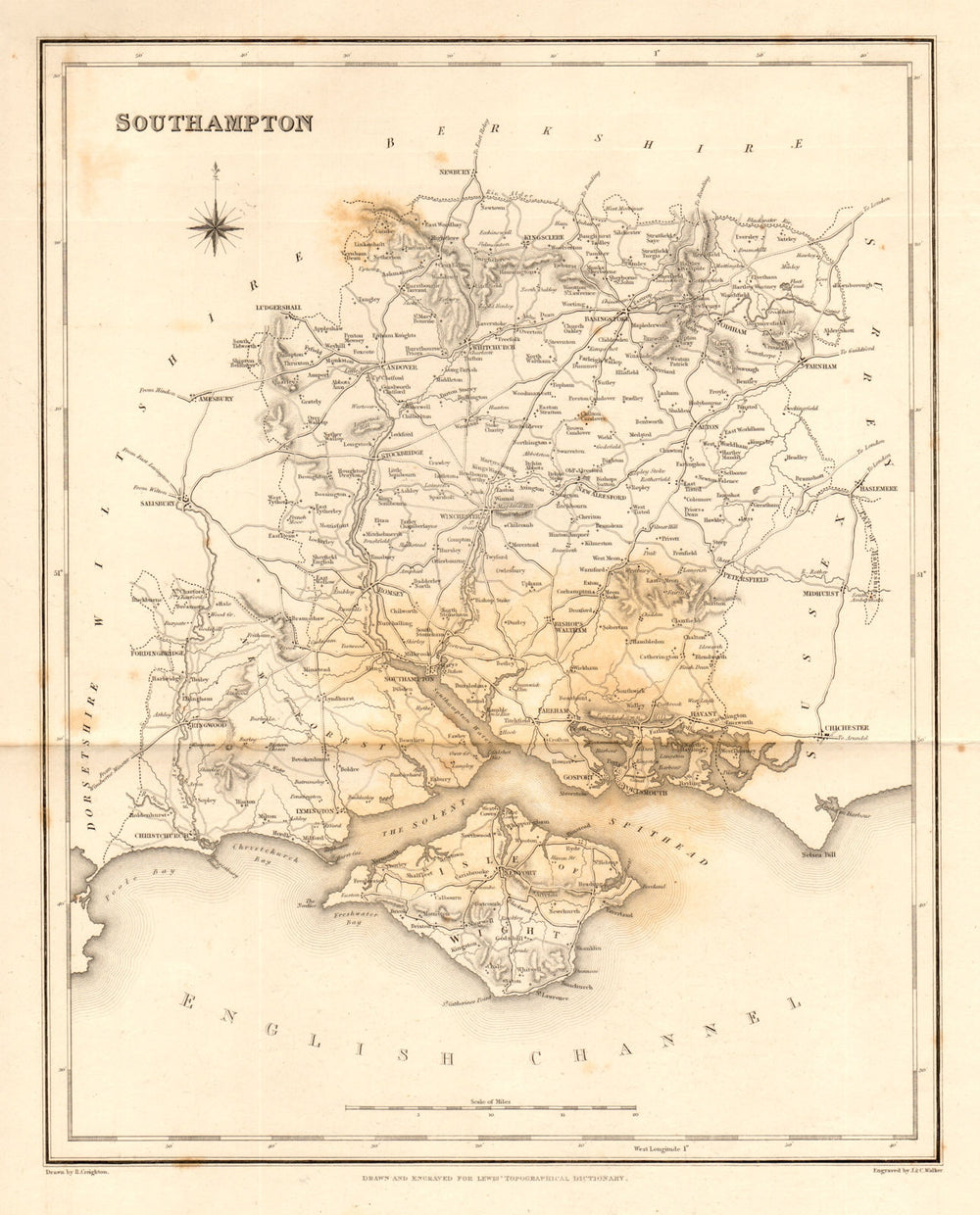 Antique county map of 'Southampton' (HAMPSHIRE). Walker, Creighton & Lewis c1840