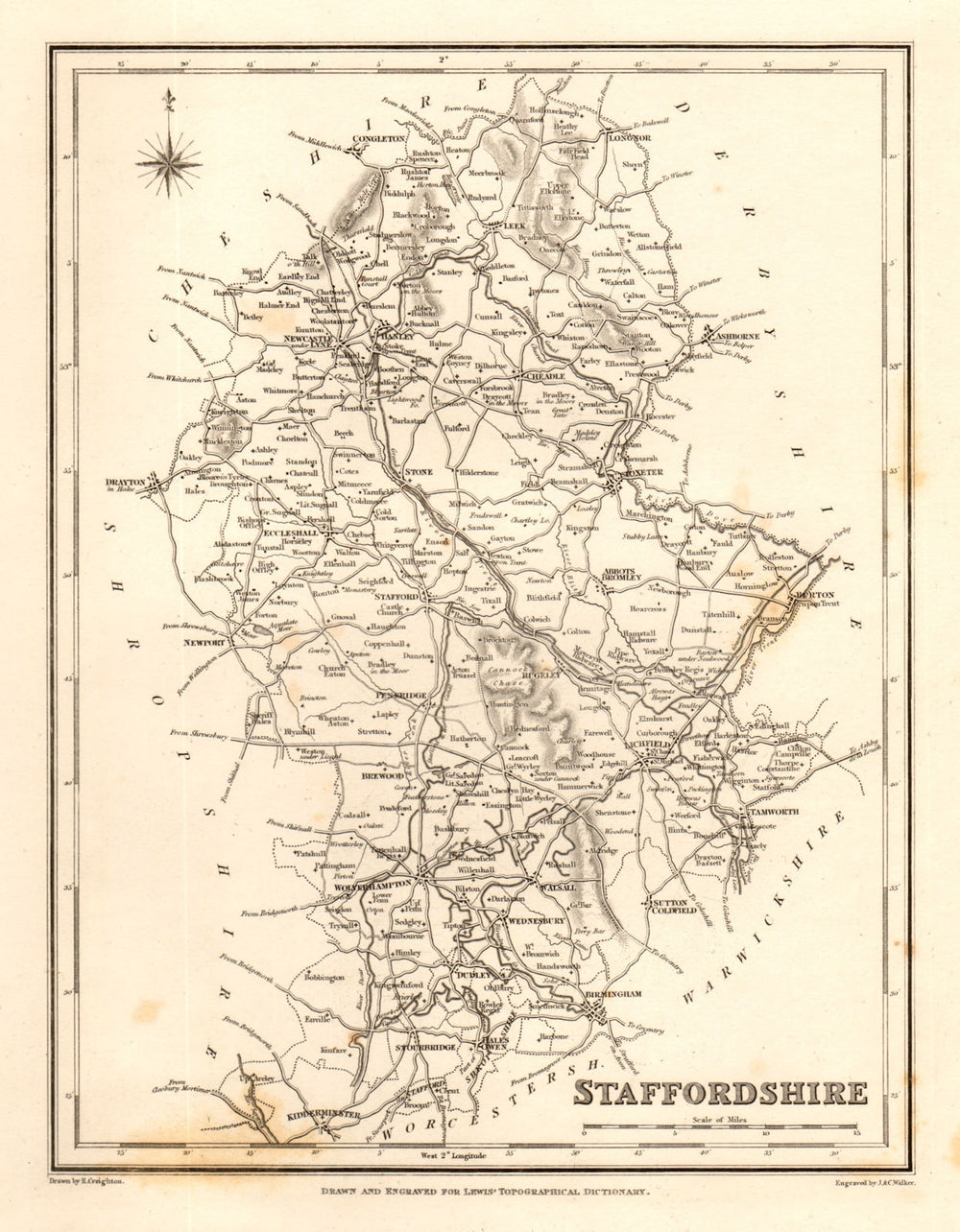 Antique county map of STAFFORDSHIRE by Walker & Creighton for Lewis c1840